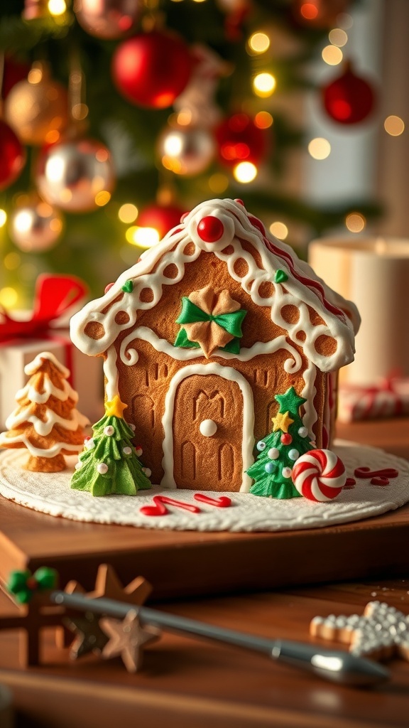 Handmade Gingerbread Christmas Cards Recipe Handmade gingerbread Christmas card decorated with icing and candies on a festive background.